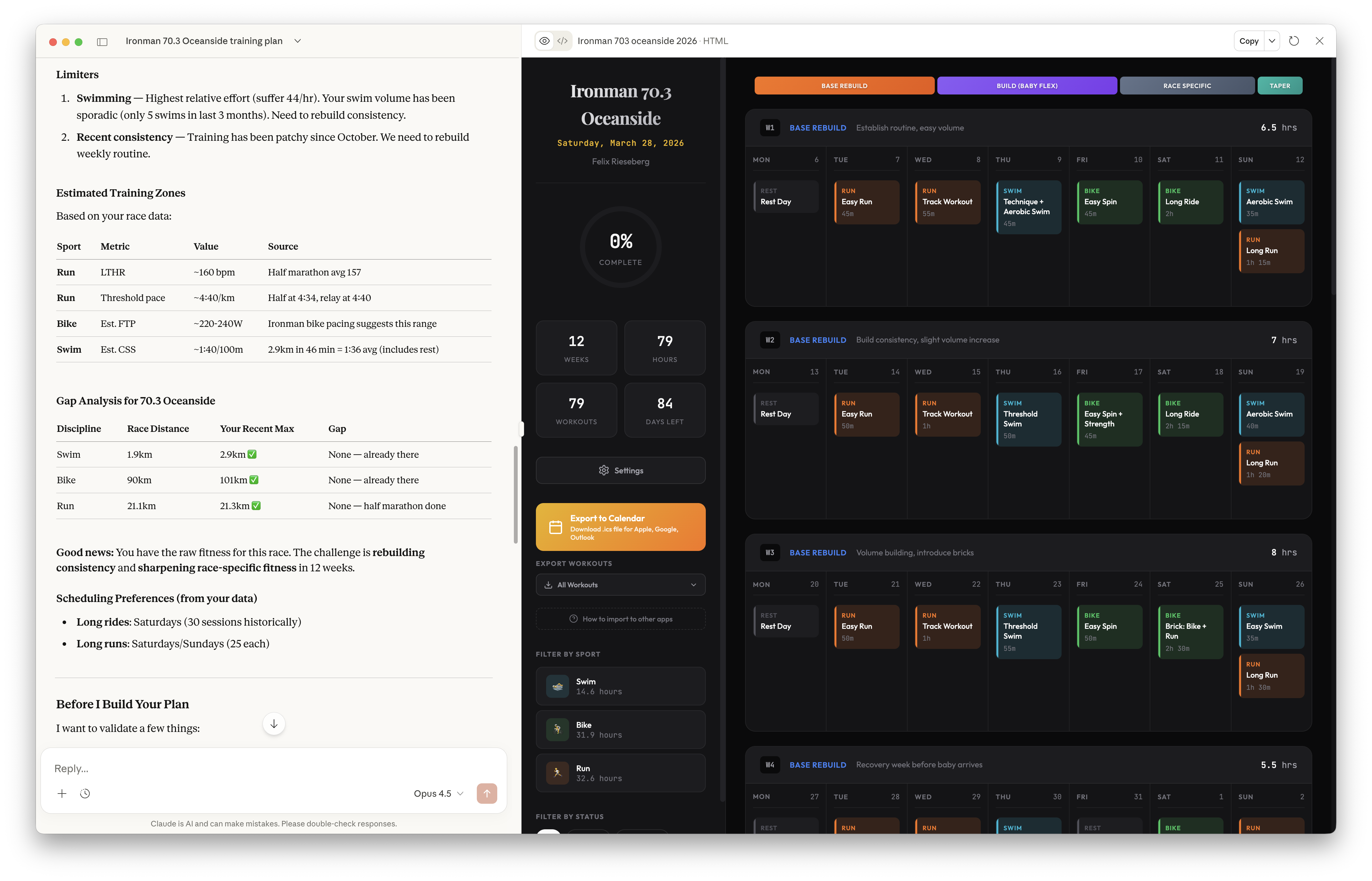 Claude Coach in action - Claude generating a training plan alongside the interactive plan viewer