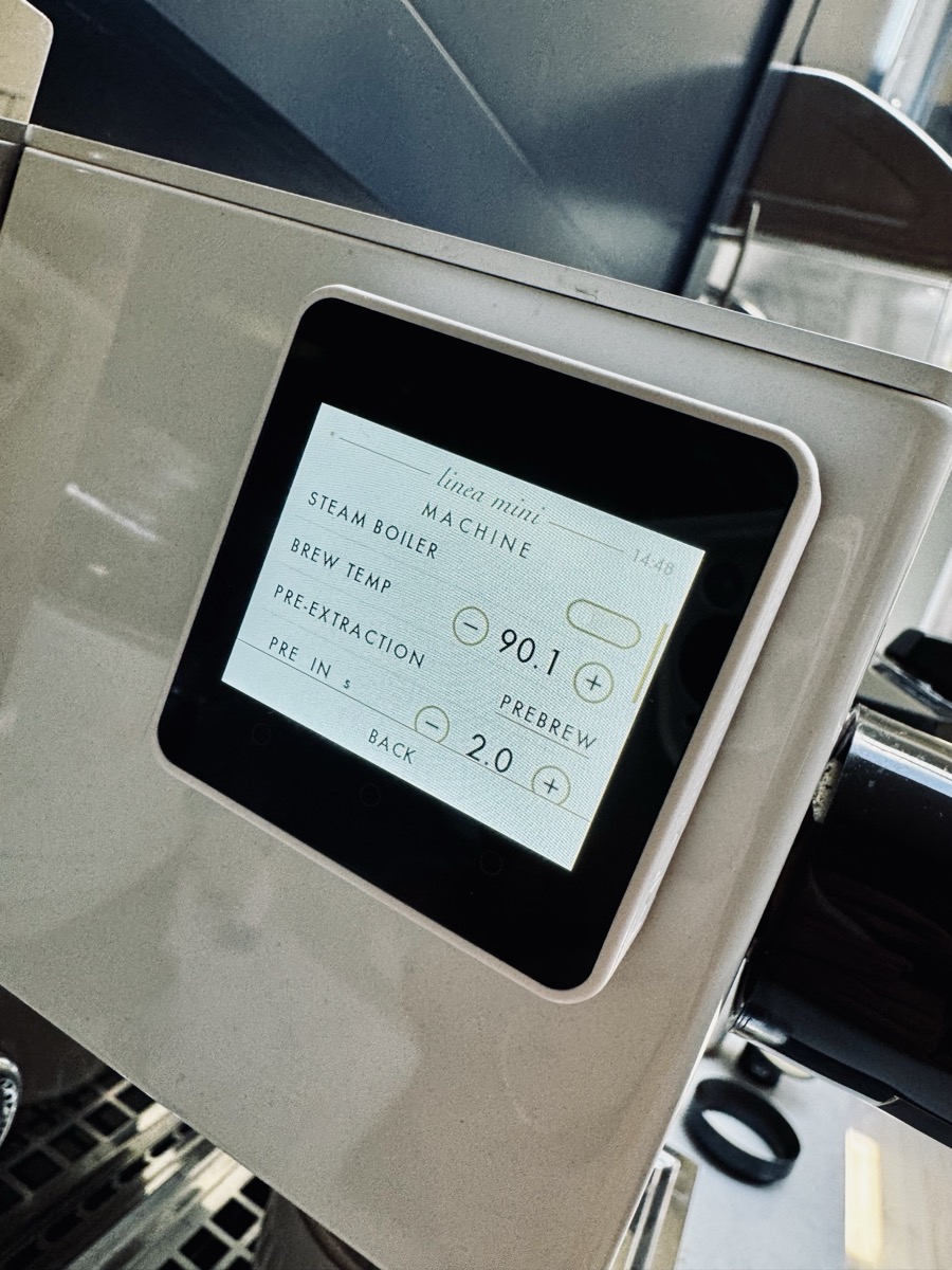 Strumento machine settings screen with brew temperature and pre-brew controls